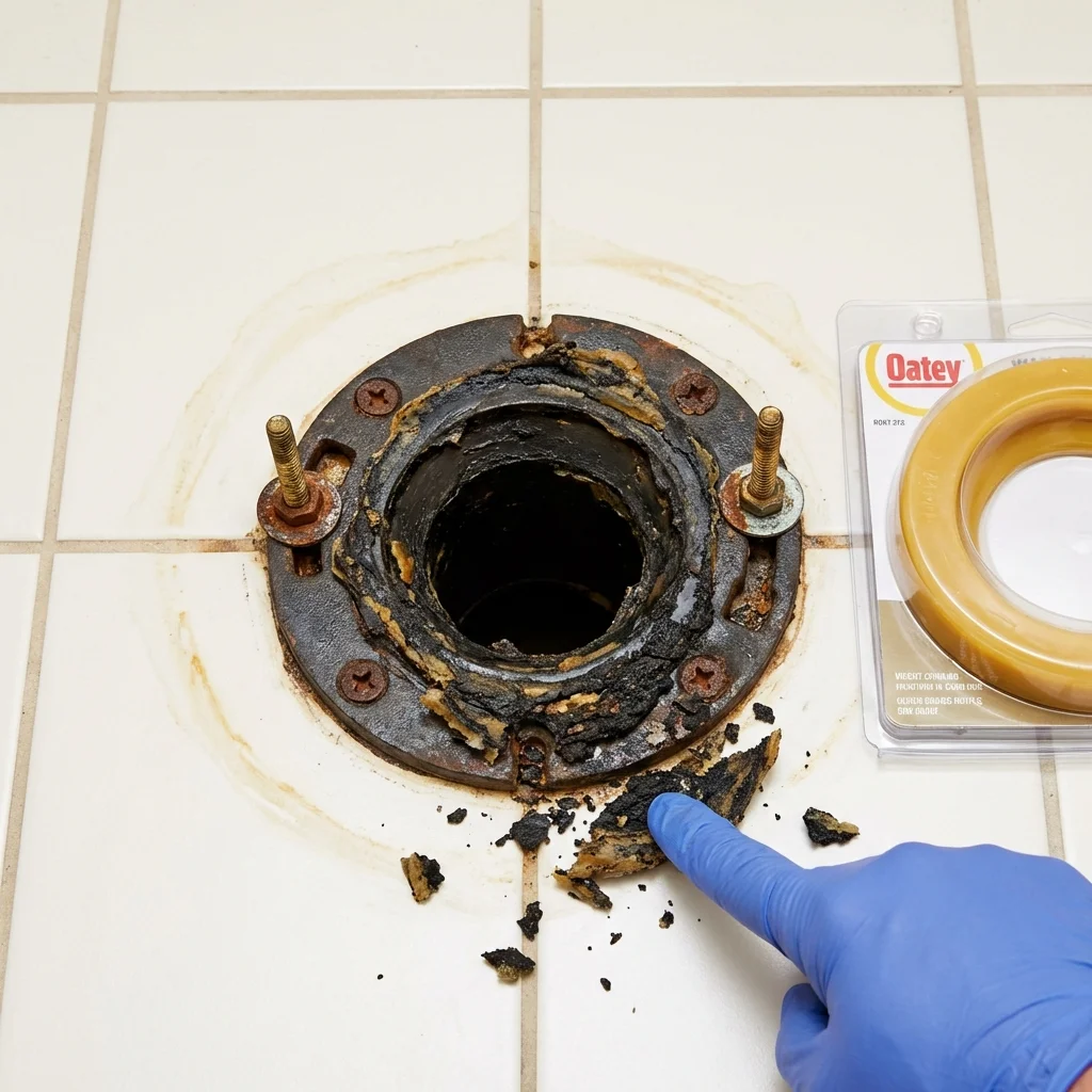 Failed wax ring showing water seepage at the base of a toilet in a Columbia, MO home