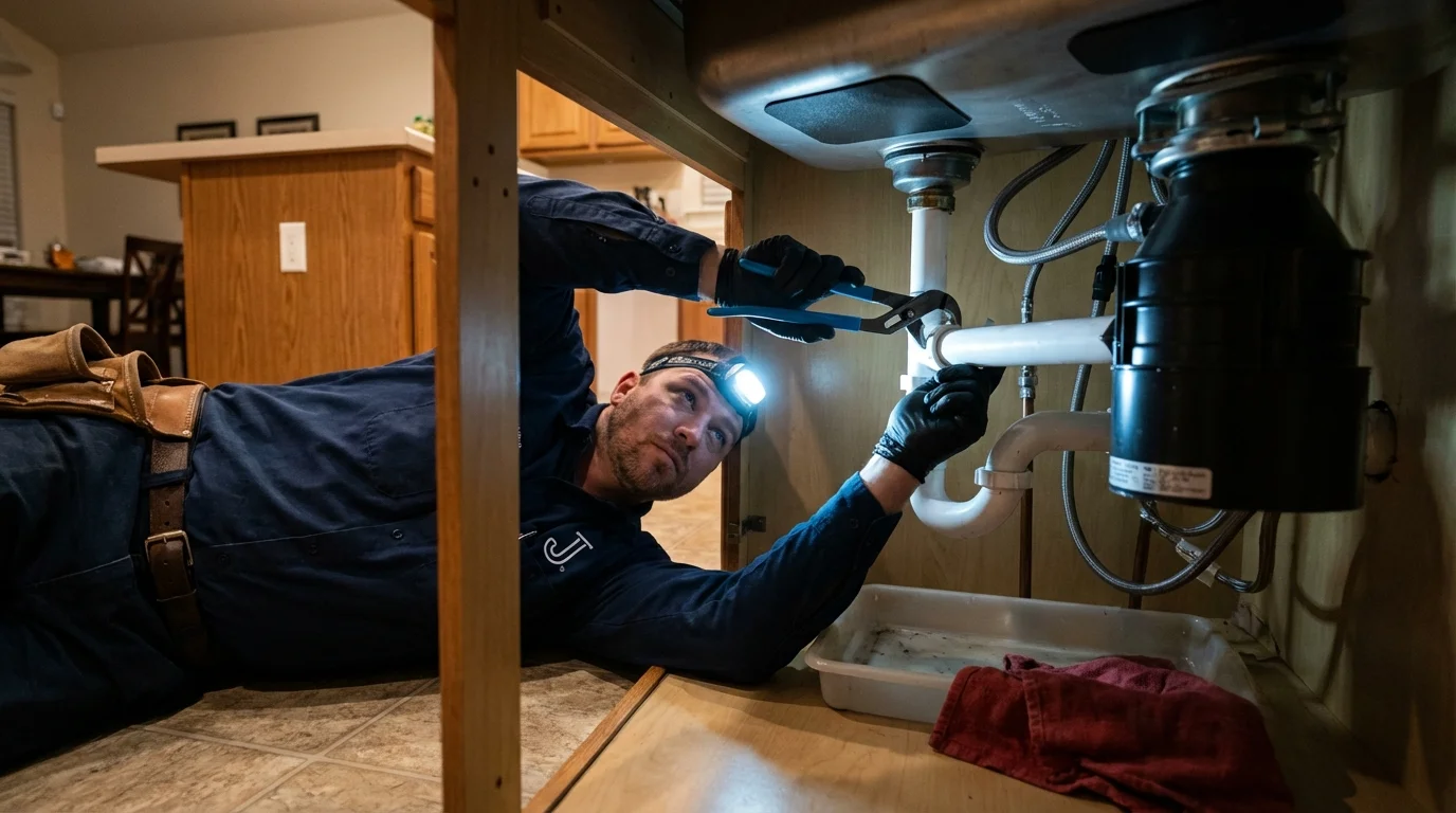 P-trap and supply line connections under a kitchen sink showing a common leak point in Columbia, MO